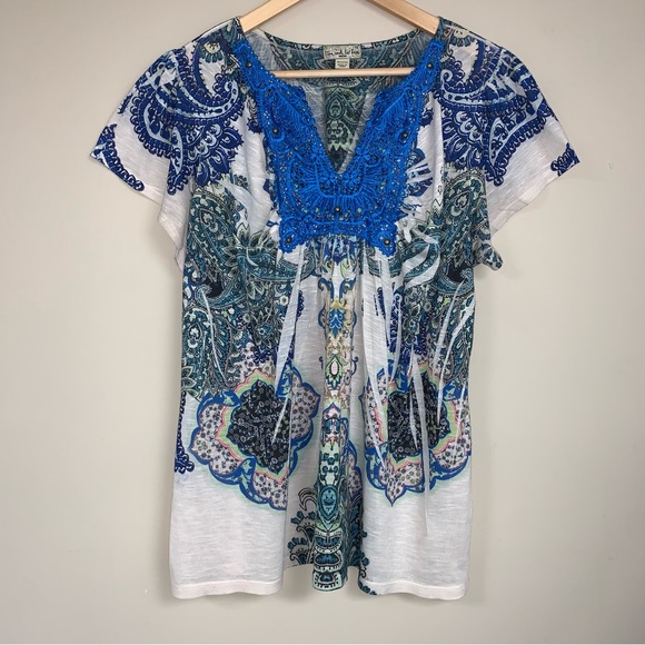 Blue Bohemian Art Print Women’s 1X Short Sleeve Blouse Top Wearable Art Gypsy - Picture 1 of 11
